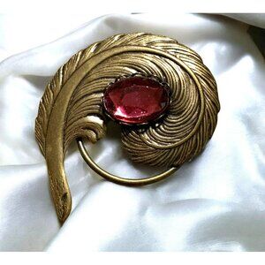 VTG 70s Jeri-Lou Gold-Tone Feather Scarf Clip Brooch Glass Stone Art Nouveau